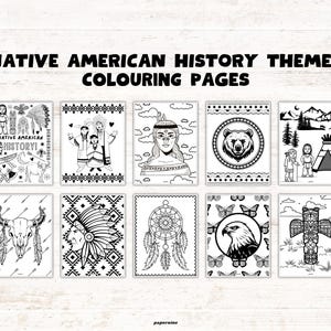 Pu&ograve; includere: Una raccolta di dieci pagine da colorare in bianco e nero intitolate NATIVE AMERICAN HISTORY THEMED COLOURING PAGES. Le pagine presentano illustrazioni di un orso, un'aquila, un acchiappasogni, un totem, un tepee, un teschio e vari motivi.