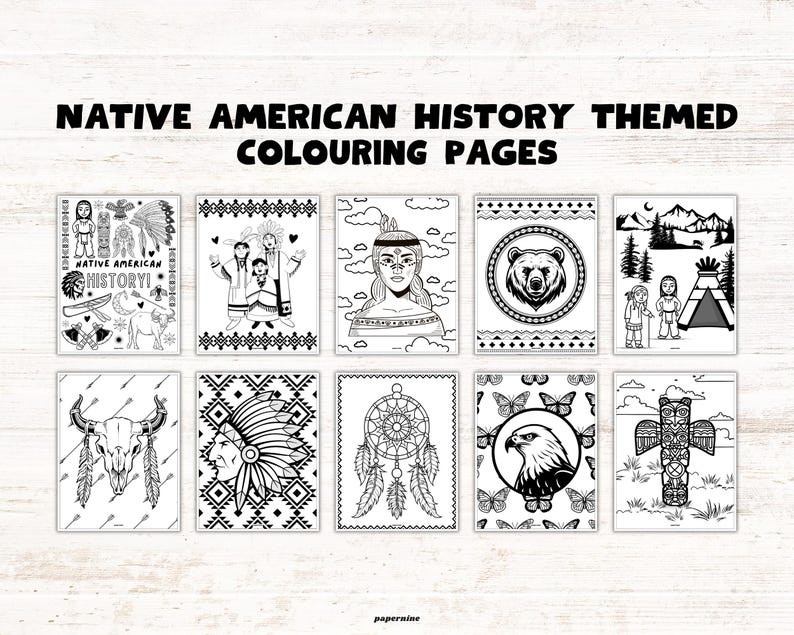 Pu&ograve; includere: Una raccolta di dieci pagine da colorare in bianco e nero intitolate NATIVE AMERICAN HISTORY THEMED COLOURING PAGES. Le pagine presentano illustrazioni di un orso, un'aquila, un acchiappasogni, un totem, un tepee, un teschio e vari motivi.