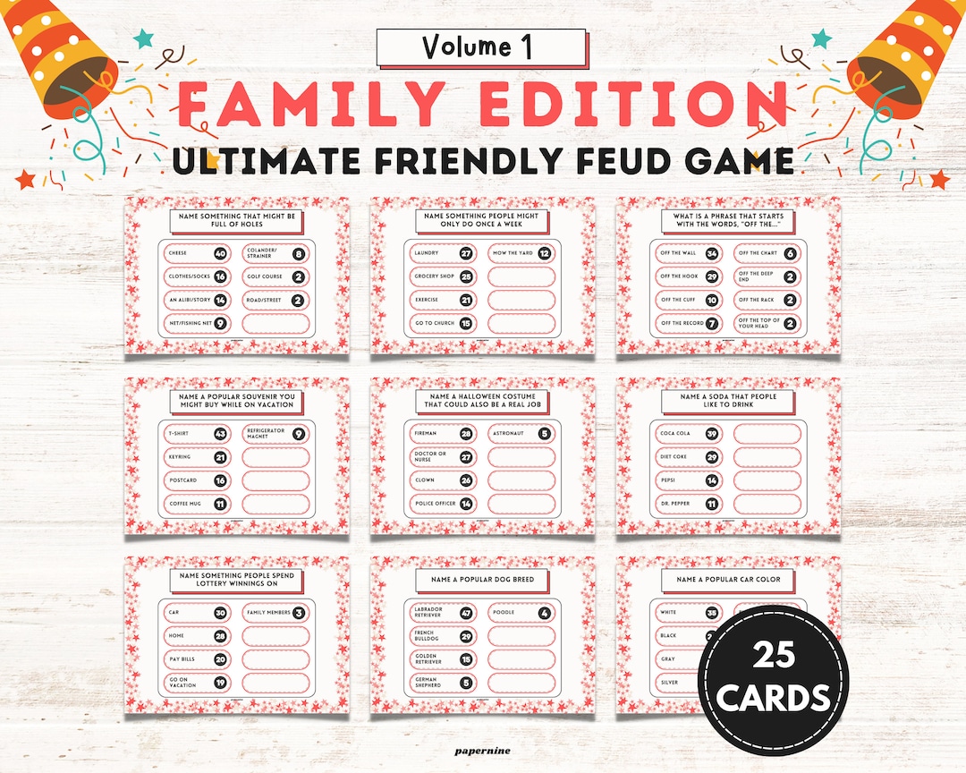 Ultimate Family Edition Friendly Feud Game 25 Printable Questions Kids and Adults Guess the Top