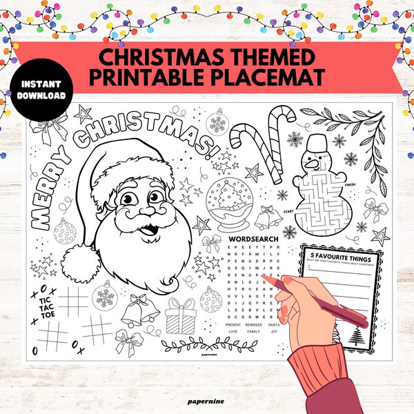 Christmas Printable Colouring Sheet, Kids Activity Placemat Dinner Table Games, Winter Festive Holiday Party Games Crafts Coloring Placemat