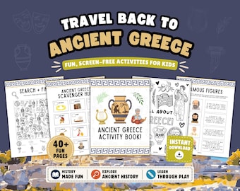 Può includere: Un set di libri di attività digitali intitolato Travel Back to Ancient Greece con oltre 40 pagine divertenti per bambini. Le pagine includono una ricerca, una caccia al tesoro, una copertina con un vaso greco e un'attività di abbinamento.