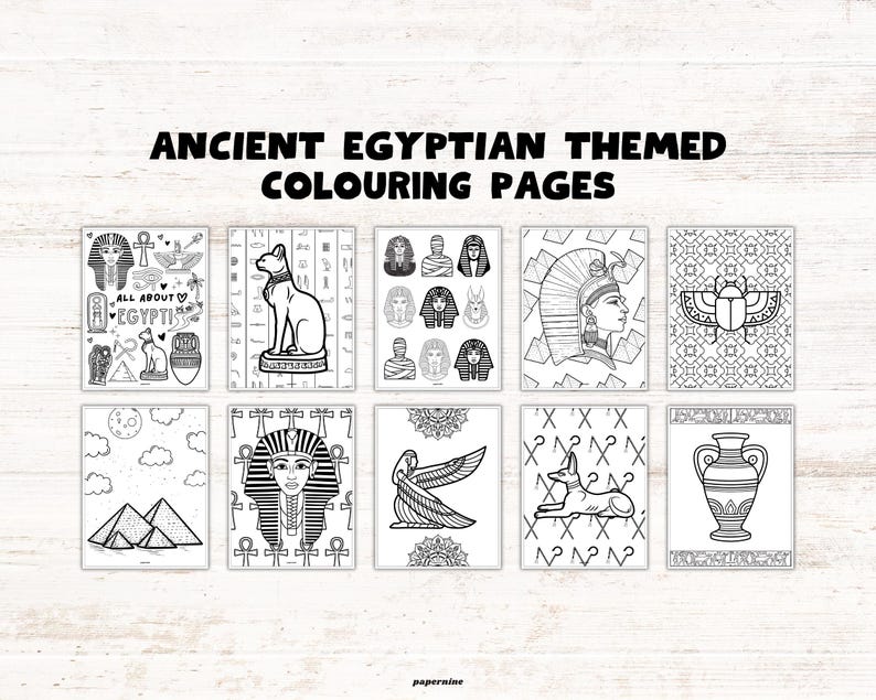 Ancient Egypt-themed printable colouring pages for children featuring fun illustrations of pharaoh, beetles, vases, the pyramids, ancient rulers and cats.
