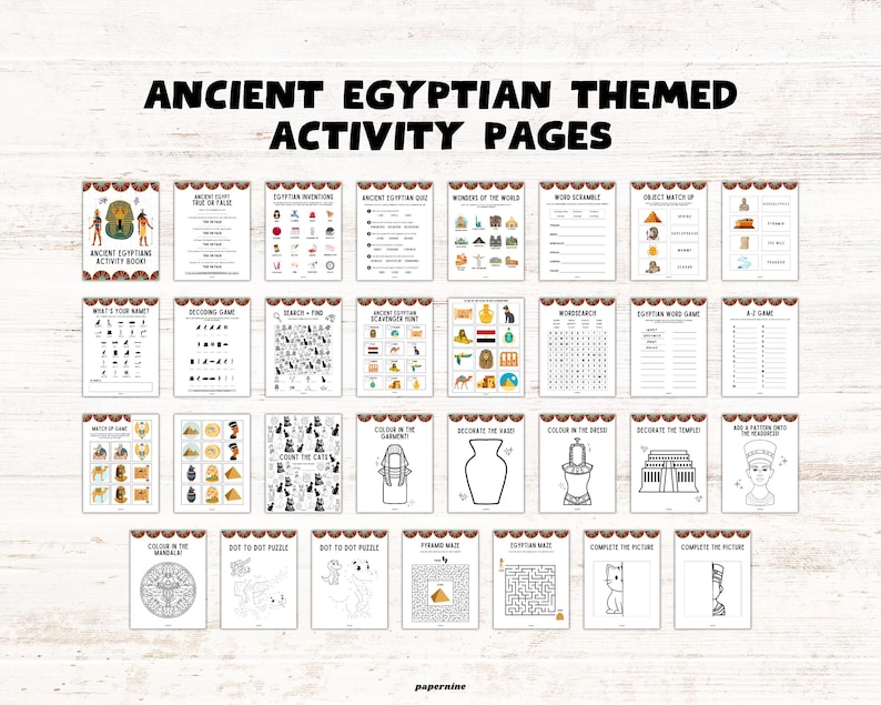 Ancient Egypt-themed printable activity pages for children including scavenger hunts, quizzes, games, word searches, mazes, search and find, complete the picture, dot to dot puzzles and match up games.