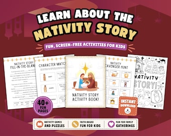 May include: A digital activity book set titled Learn About The Nativity Story featuring fill-in-the-blank sheets, character matching, scavenger hunts, and coloring pages with illustrations of Mary, Joseph, and baby Jesus.