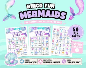 Mermaid Bingo Game: 50 Printable Cards (Instant Download)