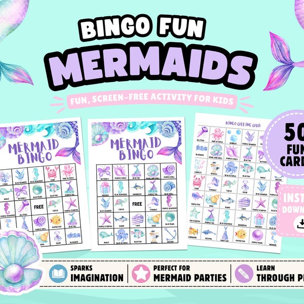 Juego de Bingo de Sirenas: 50 tarjetas imprimibles (descarga instantánea)