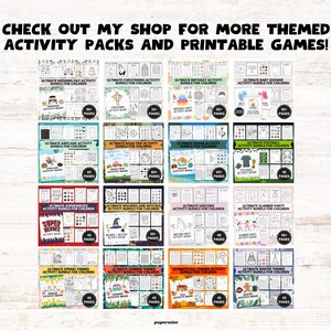 May include: A collage of 12 printable activity packs for children. Each pack features a different theme, such as weddings, christenings, birthdays, baby showers, aeroplanes, road trips, sports, superheroes, wizards, unicorns, slumber parties, spring, summer, autumn, and winter. Each pack includes 30+ pages of activities.