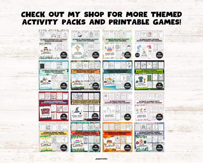 May include: A collage of 12 printable activity packs for children. Each pack features a different theme, such as weddings, christenings, birthdays, baby showers, aeroplanes, road trips, sports, superheroes, wizards, unicorns, slumber parties, spring, summer, autumn, and winter. Each pack includes 30+ pages of activities.