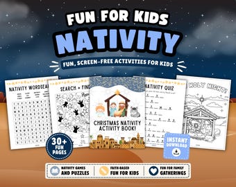 May include: A digital Christmas nativity activity book for kids featuring multiple printable pages including a word search, search and find, nativity quiz, and coloring page. The cover displays a manger scene with a star above.