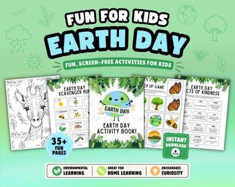 May include: An Earth Day activity book for kids featuring 35+ pages of printable content. The cover displays a cartoon Earth character, while interior pages include a giraffe colouring sheet, a scavenger hunt, a match-up game, and acts of kindness list.