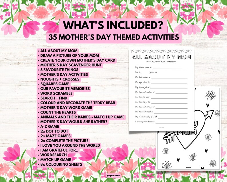 35 Page Mother's Day Themed Printable Activity Bundle Kids Party Games ...