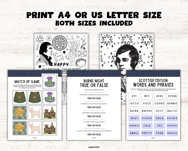 May include: Printable Burns Night games and activities featuring a matching game, true or false quiz, and a Scottish words and phrases matching game. The games are designed in a tartan pattern with black and white illustrations.