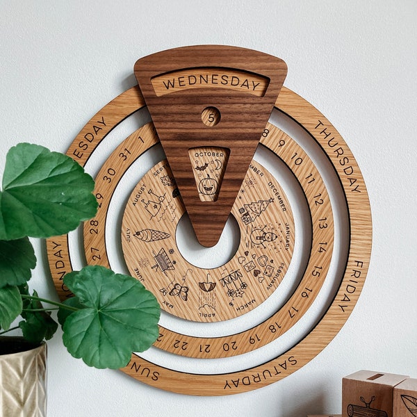 Wooden perpetual calendar with illustrated months // Montessori calendar // learning tool for children