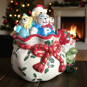 Vintage Fitz and Floyd Essentials Holiday Elf Santa Bag of Toys Candy Jar Christmas