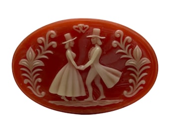 Vintage Pink Incolay Stone Trinket/Jewelry Box w Cameo of Couple on Lid 7”