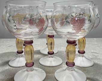 Vintage Set of Eight 8oz Georgio Romania Crystal Wine Glasses Mouth-Blown Etched Stemware Goblets Romanian Handpainted