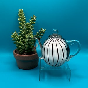 Hand-Blown White & Black Glass Teapot Glass Art Display or Paperweight