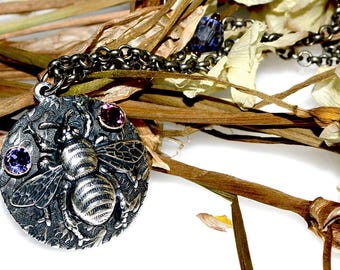 Collar de abeja reina de latón macizo envejecido con espejo - Cristales europeos