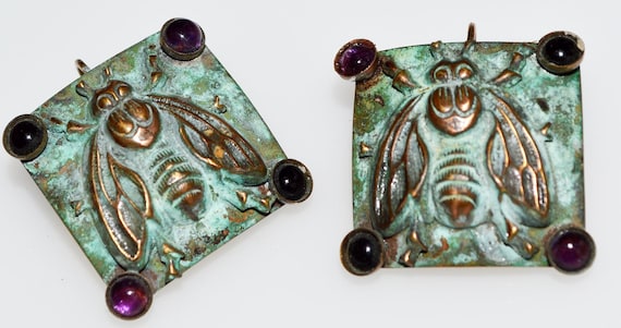Verdigris Patina Solid Brass bumblebee earrings w… - image 1
