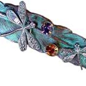 Verdigris Patina Brass Dragonflies on Feather Pin - European Crystals