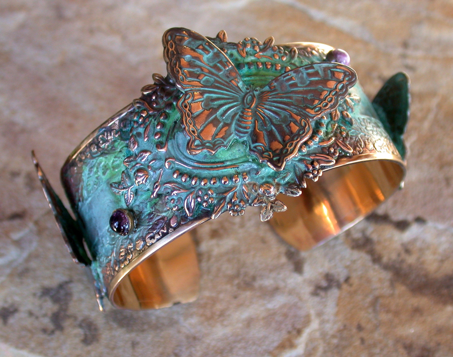 Verdigris Patina Solid Brass Victorian Butterfly Motif Cuff - View #5