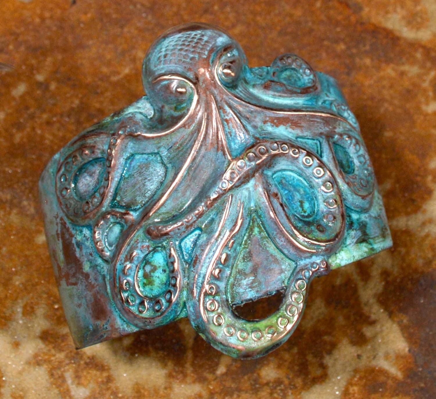 Elaine Coyne Wearable Art Patina Sculptural Octopus Tapered Cuff 