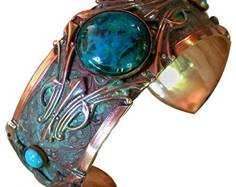 Pulsera de Elaine Coyne con motivo Art Déco y pátina artística - Crisocola