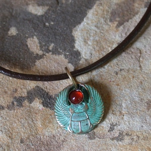 Verdigris Patina Solid Brass Small Egyptian Scarab Pendant - Carnelian  Brown Rawhide