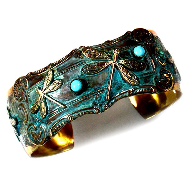 Verdigris Patina Brass Victorian Dragonfly Cuff Bracelet, Genuine Turquoise by Elaine Coyne