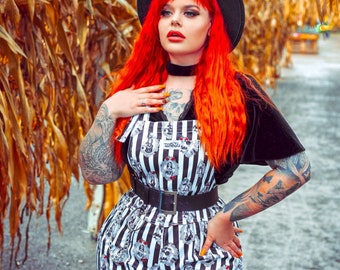 Ghoul Gang Cake Club Dungarees. Jambats. Black and White Gothic Stripe Stretch Cotton Dungarees. All the Old School Ghouls. Sizes 3XS - 5XL