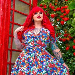 Strawberry Fields Retro Shirt Dress. Jambats. Stunning Strawberry Print Dress in Soft Stretch Cotton.  Sizes UK 6-28