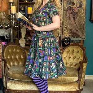 Bookcase Print Shirt Dress: Retro Academia Cottagecore Stretch Cotton (Sizes 8-28)