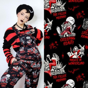 Twisted Tales Dungarees. Jambats. Dark Horror Fairytale Print in Soft Stretch Cotton Dungarees. Sizes 4XS - 6XL. Goth Horror Overalls