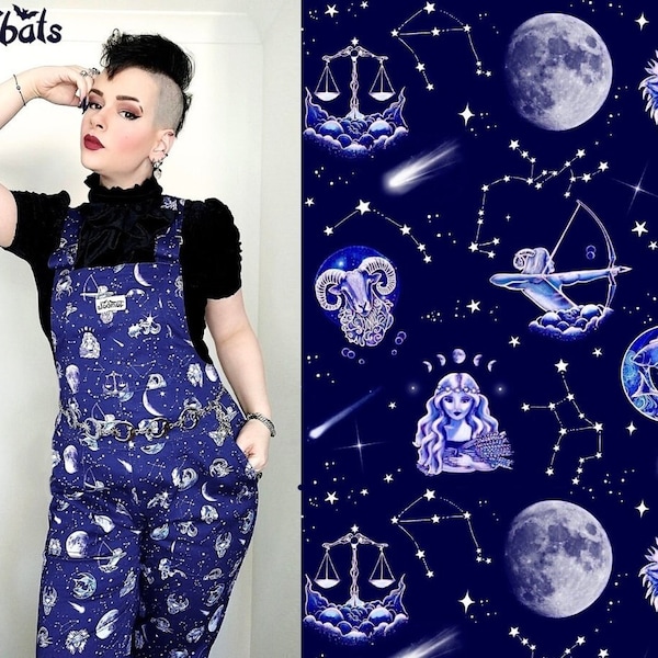 Written in The Stars Dungarees. Jambats. Deep Blue Celestial Zodiac Print Stretch Cotton Dungarees. Sizes 3XS - 5XL