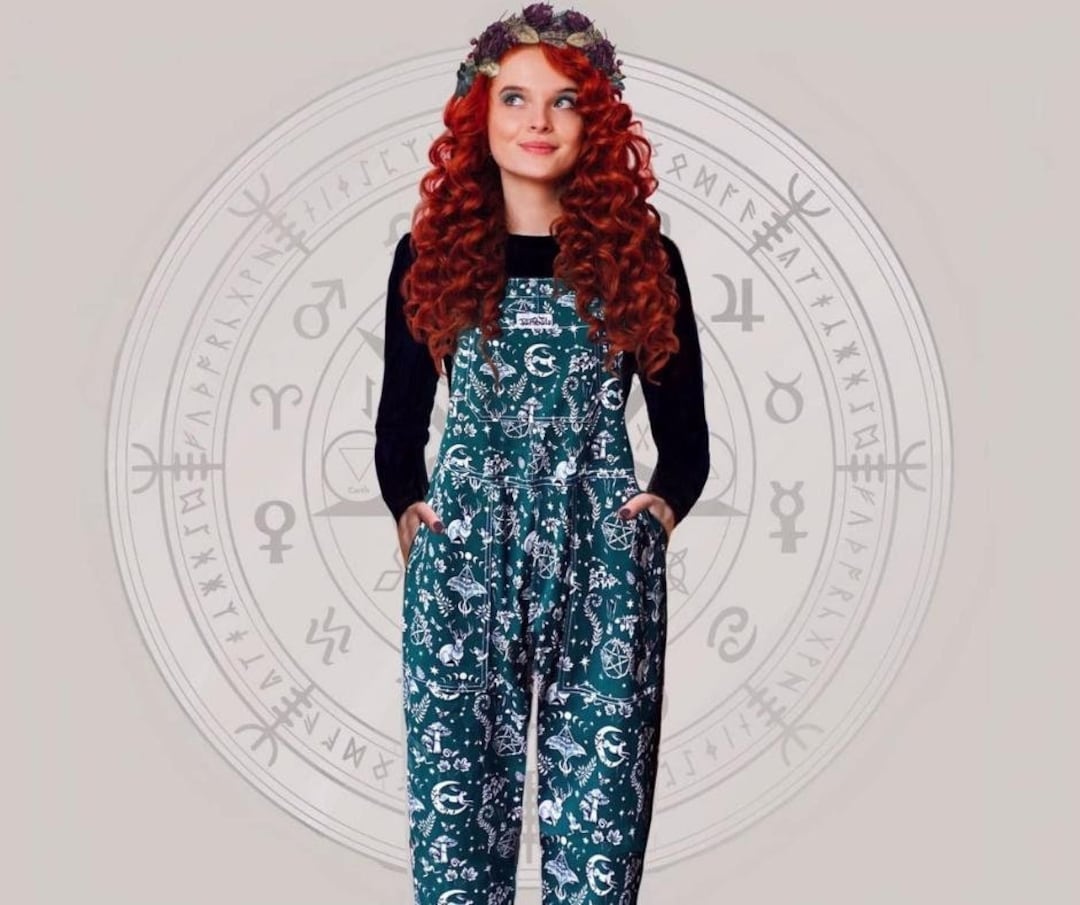 Forest Green Dungarees: Witchy Pagan Print, Stretch Cotton Overalls (4XS - 6XL)