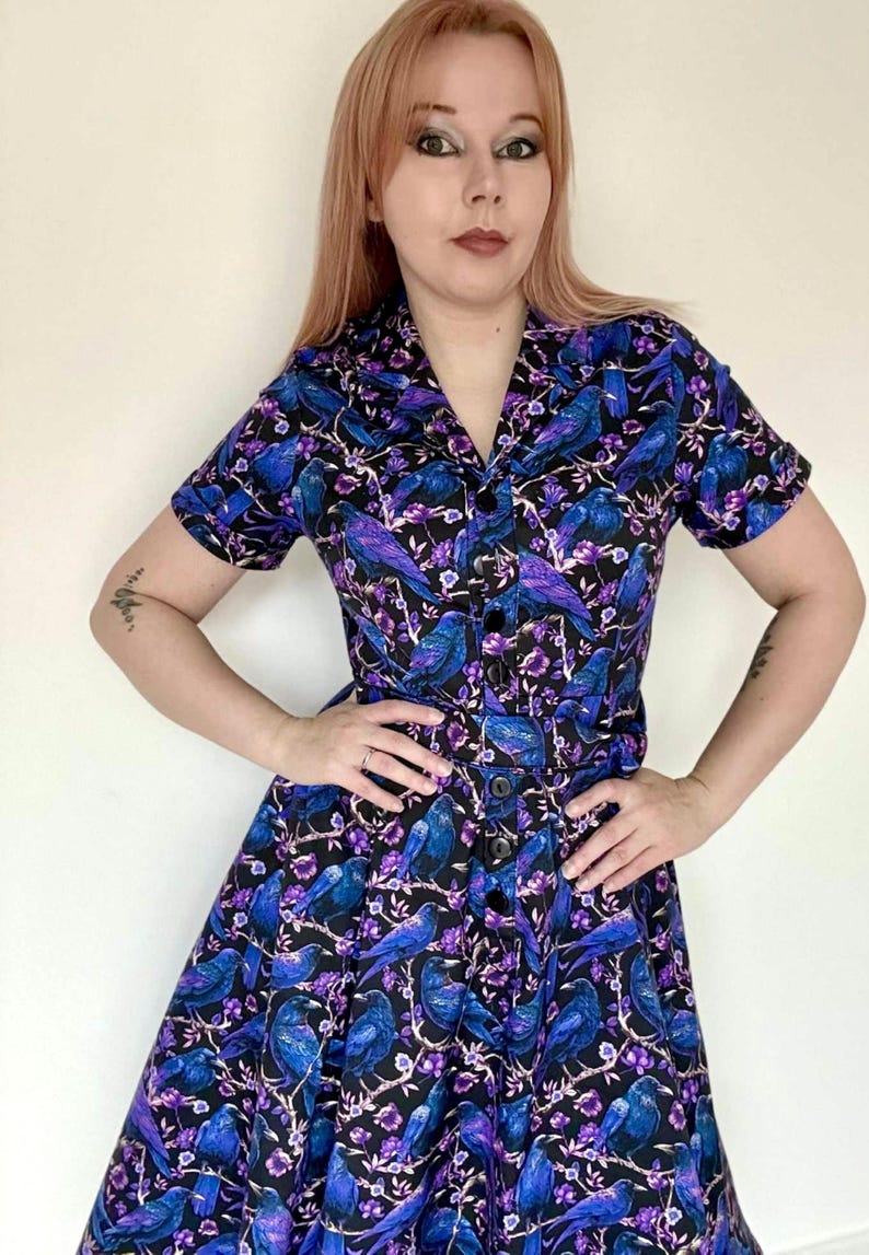 Crow & Raven Print Shirt Dress: Gothic Witchy Stretch Cotton image 2