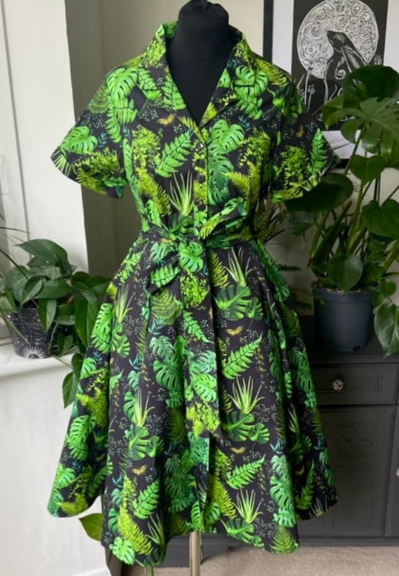 black and green shirt dress Botanical Print Shirt Dress: Retro Houseplant Stretch Cotton Dress