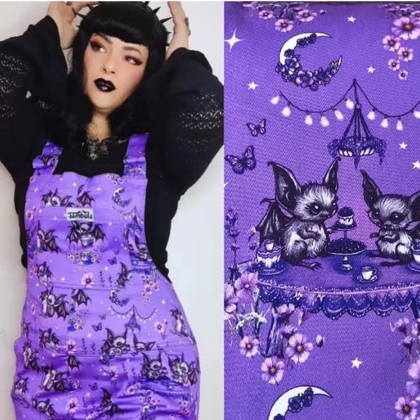 Bats Tea Party Dungarees: Whimsical Pastel Goth Overalls (Sizes 4XS - 6XL)