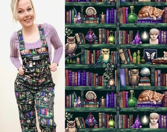 The Bookcase Dungarees. Jambats. Stunning Dark Academia Print in Soft Stretch Cotton. Whimsical Dungarees for Book Lovers. Sizes 4XS - 6XL.