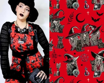 Witchy Dungarees: Black Cats, The Coven Print. Stretch Cotton Overalls (Sizes 4XS-6XL)