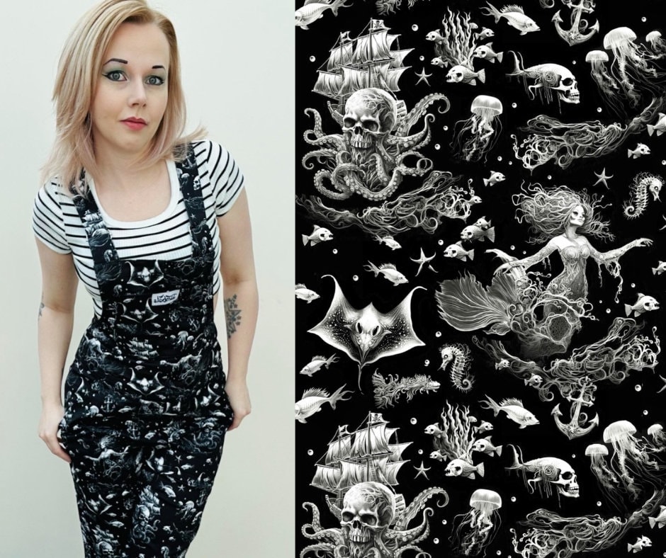 Gothic Underwater Print Dungarees: Jambats Soft Stretch Cotton Overalls (sizes 4XS-6XL)