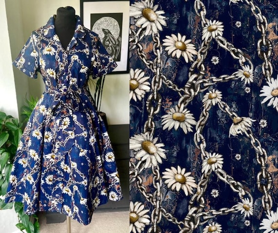 Daisy Chains Shirt Dress: Retro Grunge Print, Soft Stretch Cotton