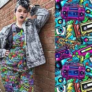 Rewind Dungarees. Jambats. Retro 80&#39;s 90&#39;s Street Art Style Music Cassettes. Stretch Cotton Dungarees. Alternative. Sizes 4XS - 6XL
