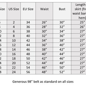 May include: A size chart with UK, US, and EU sizes, waist, bust, and skirt length measurements in inches. Sizes range from UK 6 (US 2, EU 34) to UK 28 (US 24, EU 56). The chart includes a note about a 98-inch belt.