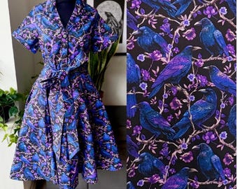 Crow & Raven Print Shirt Dress: Gothic Witchy Stretch Cotton