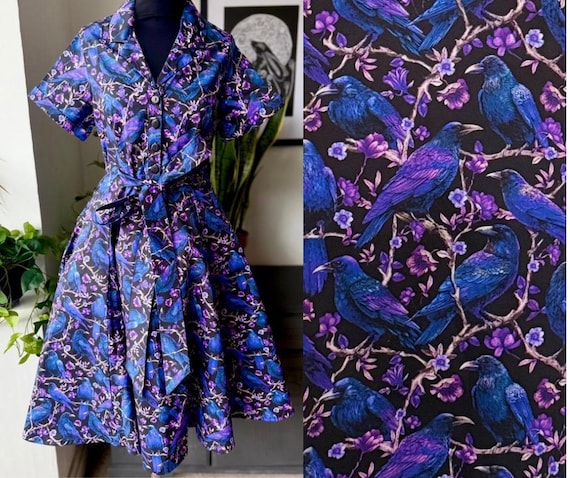 Crow & Raven Print Shirt Dress: Gothic Witchy Stretch Cotton
