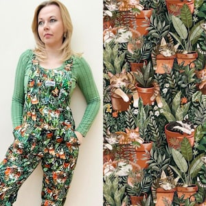 Sleeping Cats Dungarees. Beautiful Cotton Twill Dungarees. Snoozy Kitties amongst houseplants. Quirky cottagecore overalls. Sizes UK4XS-6XL