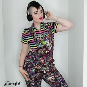 DeadBeats Dungarees. Jambats. Retro 80's Music Skulls Print Stretch Cotton Dungarees. Alternative. Sizes 3XS - 6XL