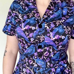Crow & Raven Print Shirt Dress: Gothic Witchy Stretch Cotton image 6