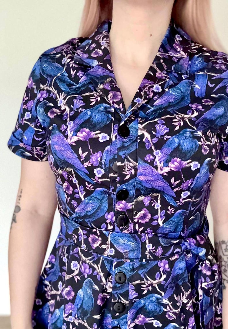 Crow & Raven Print Shirt Dress: Gothic Witchy Stretch Cotton image 6